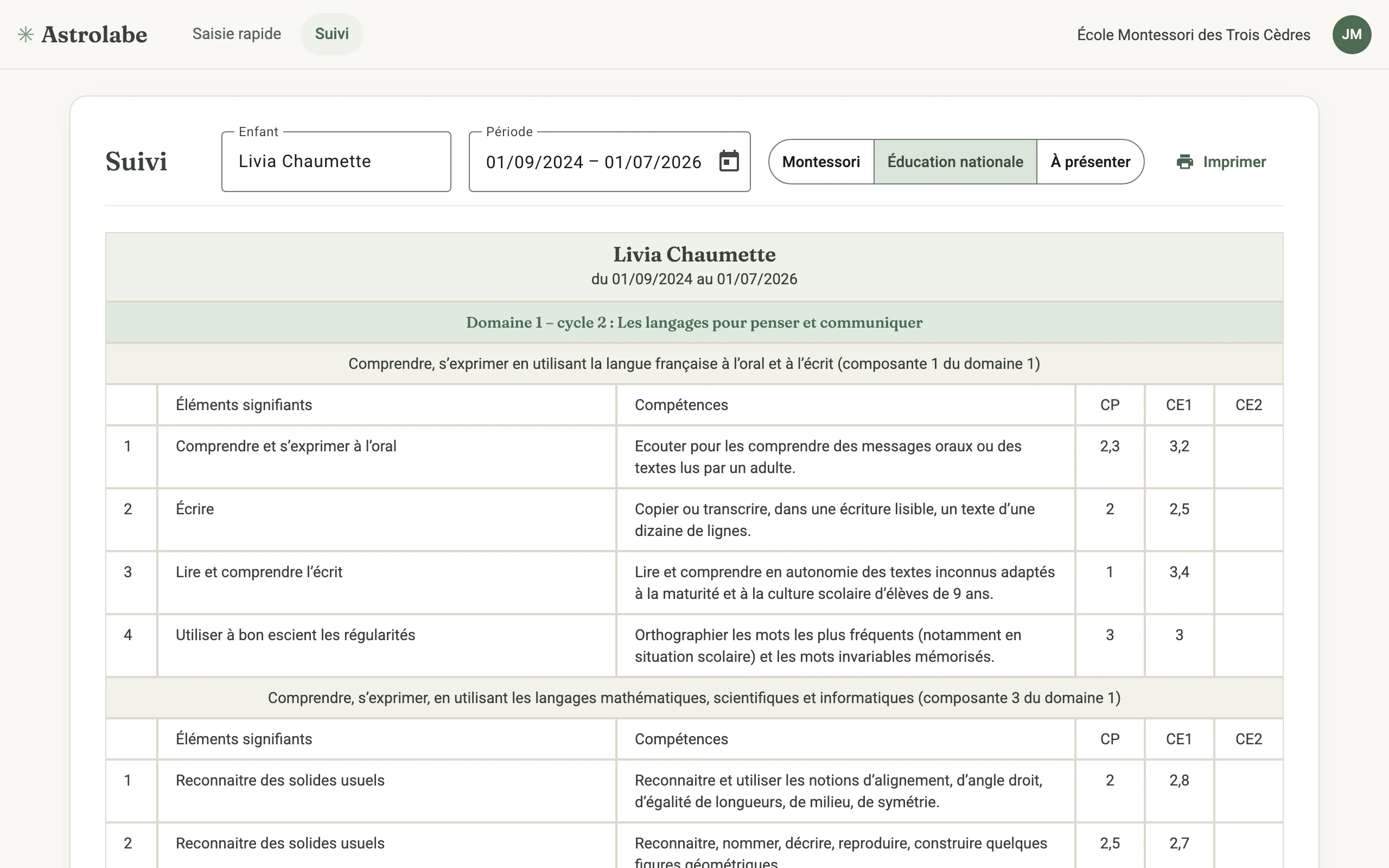 Grille Éducation nationale de Livia Chaumette, du 01/09/2024 au 01/07/2026&nbsp;: compétences de français et de mathématiques du domaine 1 du cycle 2, avec leurs évaluations en CP et en CE1, et le bouton «&nbsp;Imprimer&nbsp;».